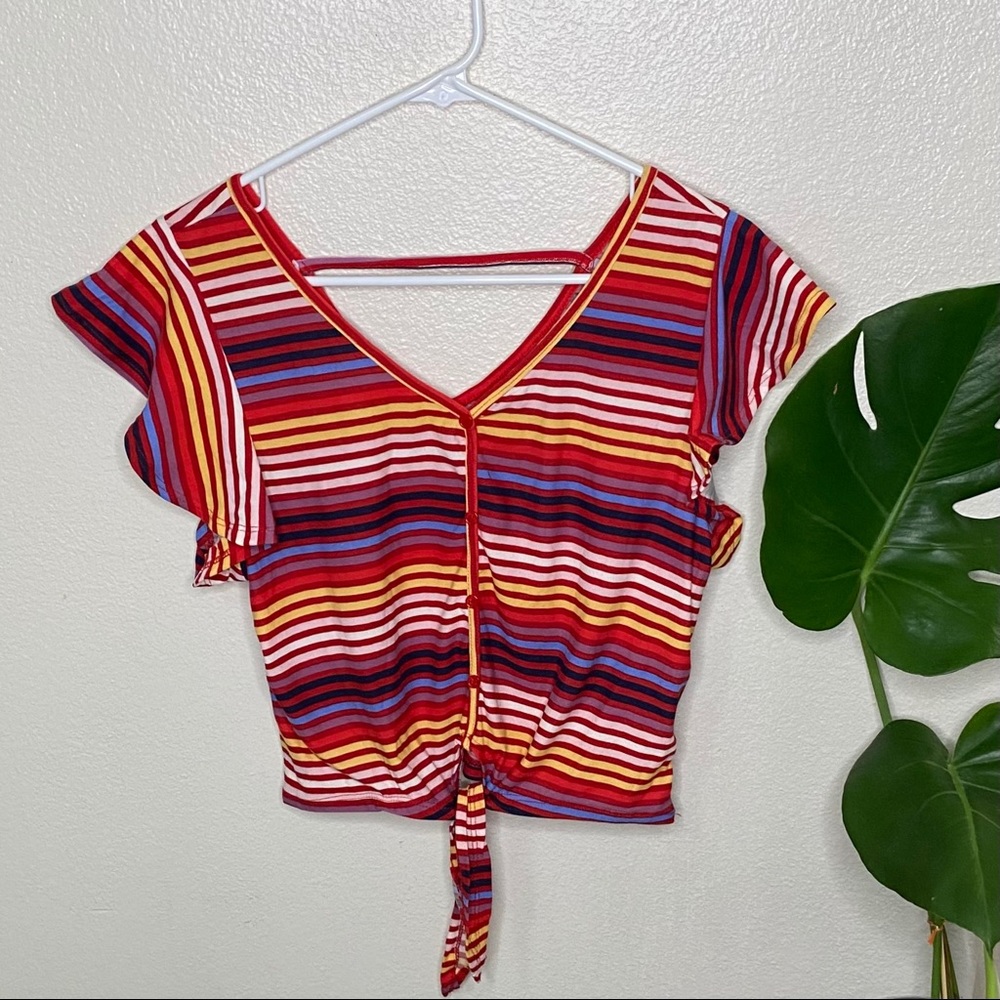 Striped Ruffle Sleeve Crop Top